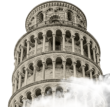 برج پیزا در پس‌زمینه آبی با افکت دود و برج‌های دیگر که به شکل گرافیکی در پایین تصویر قرار دارند.