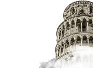 برج پیزا در پس‌زمینه آبی با افکت دود و برج‌های دیگر که به شکل گرافیکی در پایین تصویر قرار دارند.