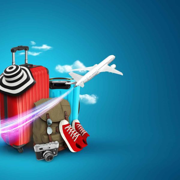 creative-background-red-suitcase-sneakers-plane-blue-background_99433-28